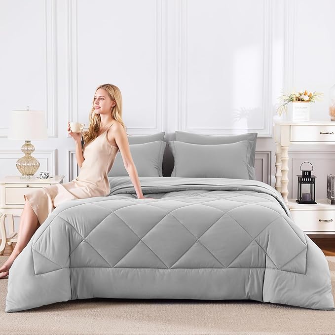 CozyLux California King Comforter Set Light Grey - Cal King Bed in a Bag 7 Pieces, Luxury Soft Bed Set for All Seasons, Bedding Set with Down Alternative Comforter, Sheets, Pillowcases & Shams