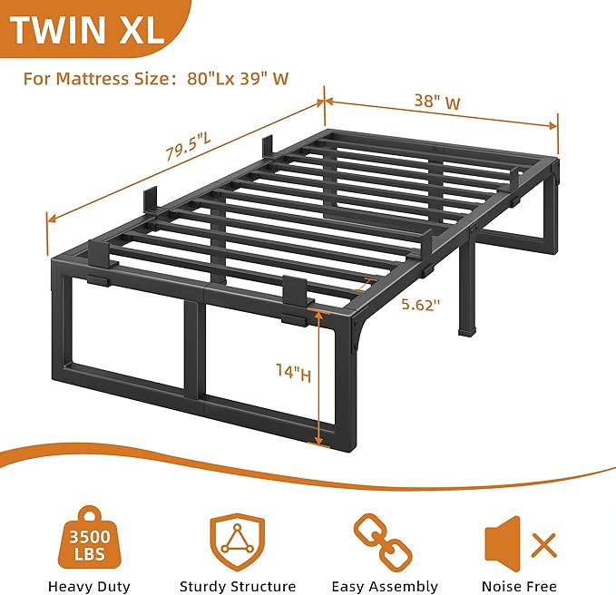 Twin XL Bed Frame, 14 Inch Metal Platform Bed Frames with Squeak Free U-Slot Design, 6 Non-Slip Guards, 3500lbs Heavy Duty Steel Slat Support, No Box Spring Needed, Under Bed Storage, Black
