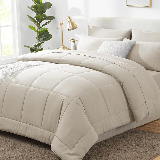 CozyLux Oversized King Comforter Sets Beige, 7 Pieces Bed in a Bag, Ultra-Soft All Season Bedding Sets with Stitch Quilted Comforter, Flat Sheet, Fitted Sheet, Pillowcases