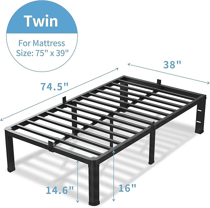 VIPSHOW 16 Inch Twin Size Bed Frame, 3500Lbs Heavy Duty Metal Platform with Round Corner Legs Mattress Slide Stopper, Steel Slat Support No Box Spring Needed, Noise Free, Non-Slip, Easy Assembly