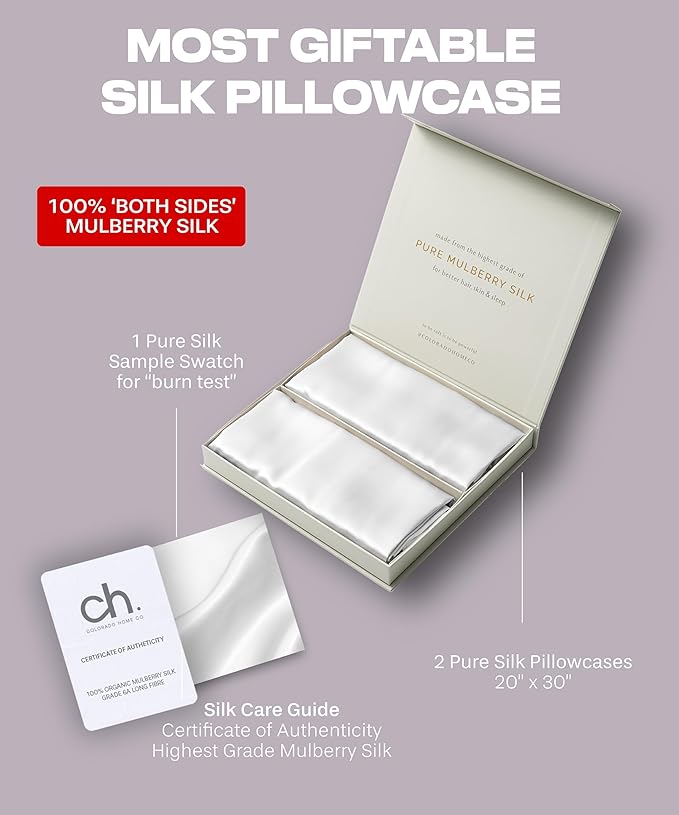 SUNDAYSILKS™ Silk Pillow Cases 2 PACK | 22 Momme Mulberry Silk Pillowcase Set of 2 | Standard Queen, King Size | All Sides 100% Pure Silk Slip Pillowcases Bliss for Couples with Zipper, 6A [Off White]