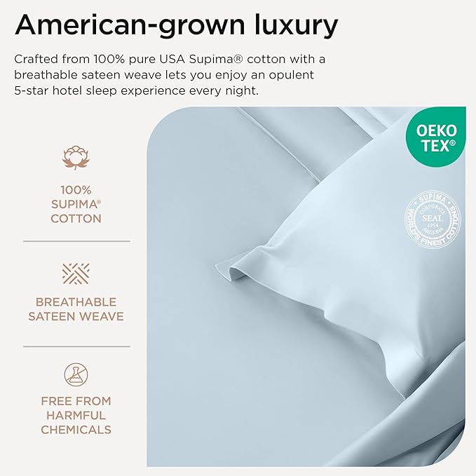 Threadmill Pillow Cases Standard Size | 1200 Thread Count 100% Supima Cotton Pillow Covers, Luxury Smooth Solid Sateen | Light Blue