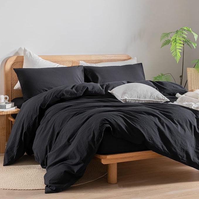 BESTOUCH Duvet Cover Set 100% Washed Cotton Linen Feel Super Soft Comfortable Chic Lightweight 3 PCs Home Bedding Set Solid Deep Black Alaska King