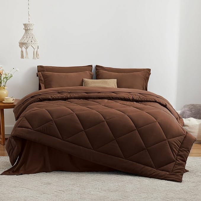 Love's cabin Twin XL Comforter Set Brown, 5 Pieces Twin XL Bed in a Bag, All Season Bedding Sets with 1 Comforter, 1 Flat Sheet, 1 Fitted Sheet, 1 Pillowcase and 1 Pillow Sham | Soft, Breathable, Lightweight, Comfortable