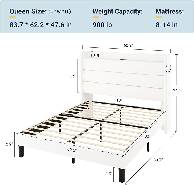 Allewie Queen Size Upholstered Bed Frame with Charging Station & Storage Headboard, Soft Velvet Wingback Platform Bed, Strong Wooden Slats Support, No Box Spring Needed, Easy Assembly, White