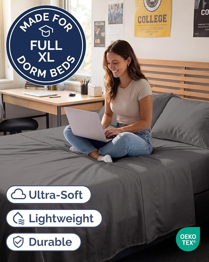 Full XL Bed Sheet - 4 Piece Full XL Bed Sheets Set - Ultra-Soft, Breathable & Cooling - Hotel Luxury Bedding for Women & Men with Deep Pockets - Wrinkle Free & Fade Resistant - Oeko-Tex - Dark Grey