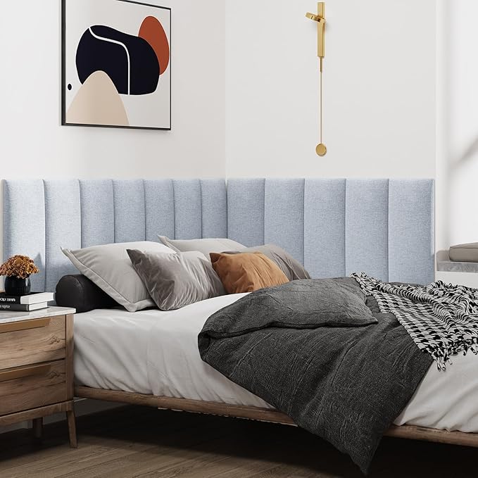 IFNOW Upholstered Wall Mounted Headboard, 3D Soundproof Wall Panels Peel and Stick Headboard for King Size, Reusable and Removable Tufted Bed Headboard in Blue White(12 Panels, 10" x 24")