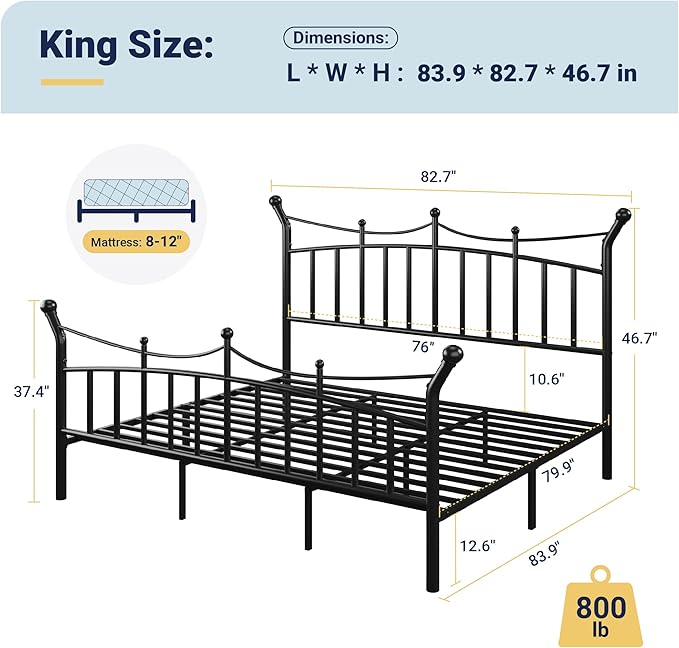 Allewie 14 Inches King Size Metal Platform Bed Frame with Elegant Crown Headboard & Footboard, Sturdy Mattress Foundation with Under-Bed Storage, Easy Assembly, No Box Spring Needed, Black