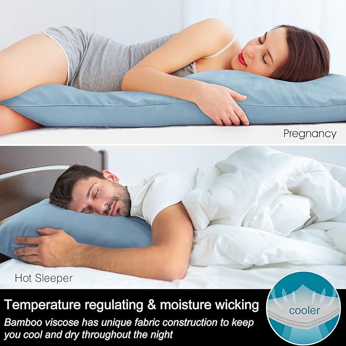 BEDELITE Body Pillow Case Cover, Rayon Made from Bamboo, Cooling Body Pillow Cover for Hot Sleepers and Night Sweats, Breathable & Silky Soft Full Long Pillow Case (Blue, 20x54 Inches)