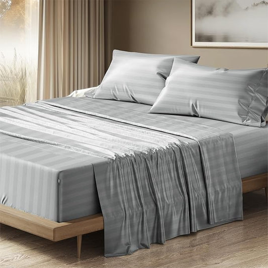 THREAD SPREAD 100% Egyptian Cotton Damask King Size Sheets Set - Luxury 1500 Series Egyptian Cotton Sheets King Size (4 PC, Silver Stripe), Silky Soft, Sateen & Cooling, 17" Deep Pocket Bed Set