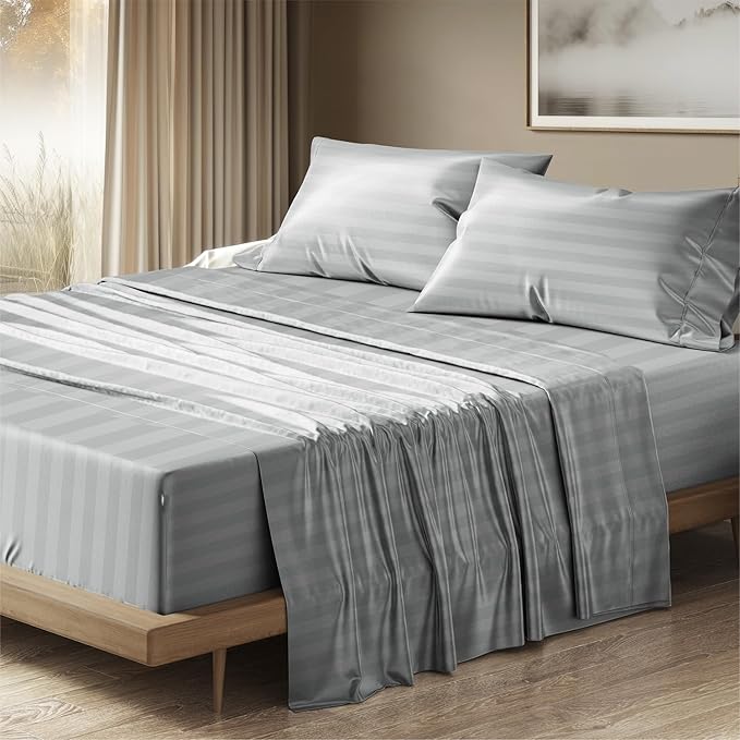 THREAD SPREAD 100% Egyptian Cotton Damask Sheets Queen Size - Luxury 1500 Series Queen Sheet Set Egyptian Cotton (4 PC, Silver Stripe), Soft, Sateen, Cooling & Breathable, 17" Deep Pocket Bed Set