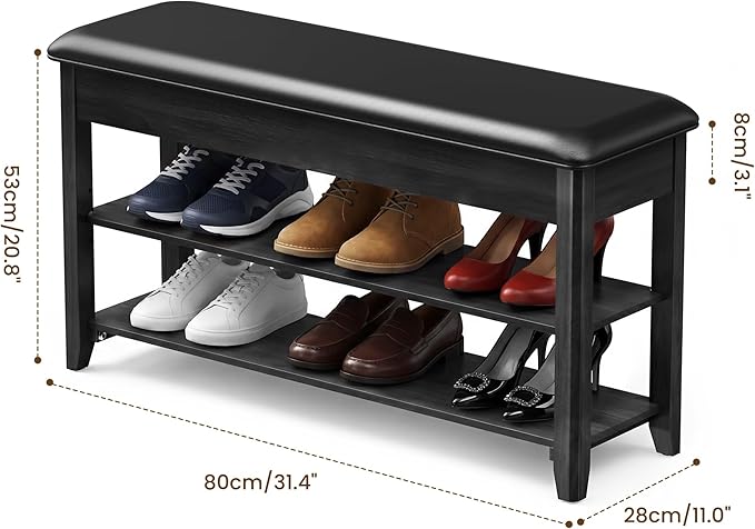 LBT Solid Wood Entryway Shoe Storage Bench, 31.5" Black, Adjustable Shelf, Flip-Top Hidden Compartment, Padded Leather Seat, 2-Tier Shoe Rack, Supports up to 550 lbs for Entryway, Mudroom, Closet
