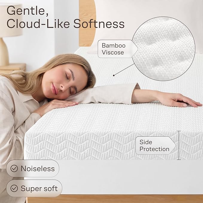 Side-Shield Waterproof Mattress Protector Queen - 6-21" Deep Pocket with Leak-Proof Edge Protection - Noiseless & Cooling Soft-Touch Viscose Made from Bamboo - Machine Washable (White)