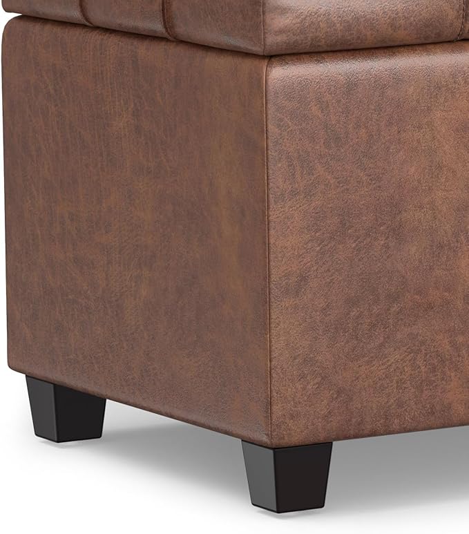 SIMPLIHOME Sienna Storage Ottoman Bench - 33 inch Wide Upholstered Vegan Leather Rectangle Storage Ottoman Bench in Distressed Saddle Brown, Transitional Tufted Ottoman for Living Room with Lift Top