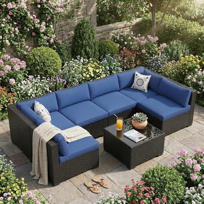 7-Piece Outdoor Patio Furniture Set, Modular Sectional Sofa with Water-Resistant Washable Thick Cushions & Coffee Table, Rattan & Wicker Conversation Set, Brown Frame (Black Wicker & Blue Cushions)