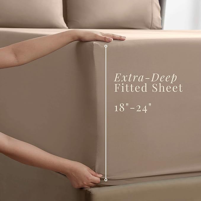 Hearth & Harbor Extra Deep Pocket Sheets - Fits Mattress 18-24 Inches Deep - Extra Deep Pocket Twin XL Sheets Sets - 4 Piece Twin XL Size - Taupe