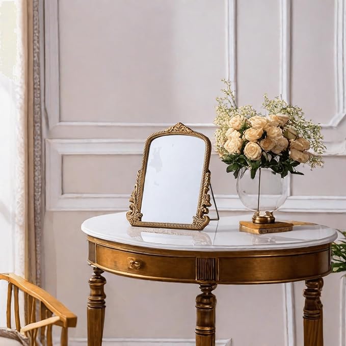 Small Vintage Vanity Makeup Desk Mirror, Antique Traditional Arch Table Mirror in Gold, Decorative Wood Carved Mirror for Living Room Bedroom Tabletop 11.8" x 9.6"