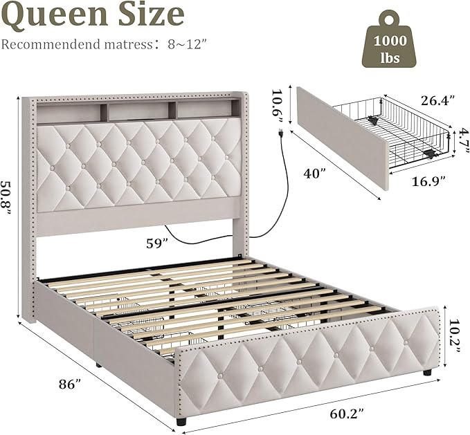 GarveeHome Queen Bed Frame with 50.8 in Tall Headboard, Platform Velvet Upholstered Bed Frame with 4 Storage Drawers, USB Charging Station, Led Lights, No Box Spring Needed, Easy Assembly, Beige
