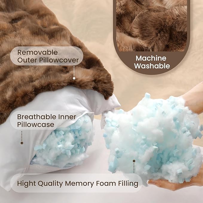 ZonLi Fluffy Body Pillow for Adults, Fuzzy Faux Fur Body Pillow with Shredded Memory Foam, Adjustable Support for Side Sleepers, Pregnancy & Decor, Gifts，20x54 Inch, Brown