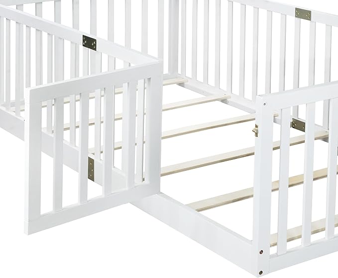 Bellemave Twin Size Montessori Floor Bed with 21.5" High Rails, Rubber Wood Twin Floor Bed with Slats and Door, White