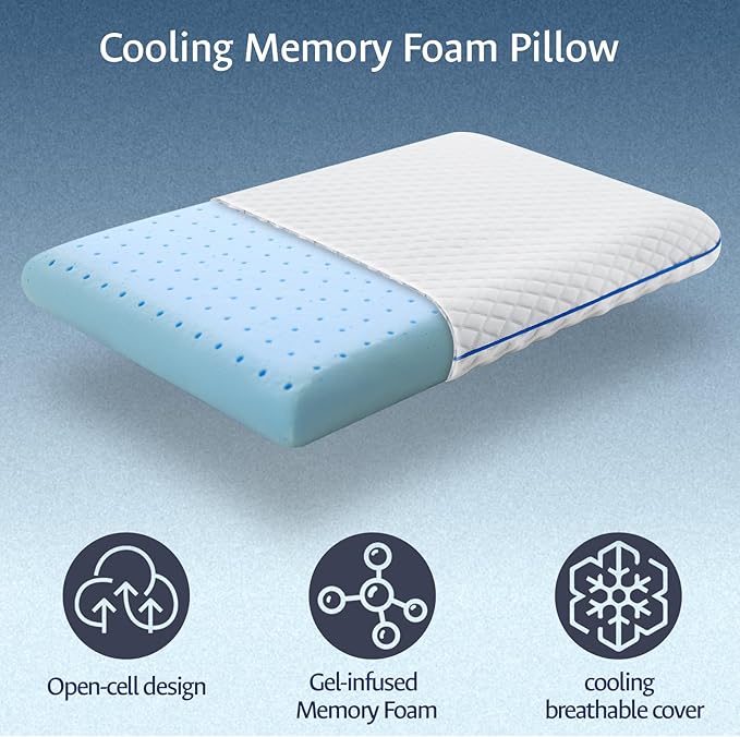 Ultra Slim Cooling Pillow for Stomach and Back Sleepers 2.75 Inch, Support Gel Memory Foam Pillow for Neck Shoulder Pain Relief, Low Loft Thin Flat Bed Pillow for Sleeping Standard Size, Travel Kids
