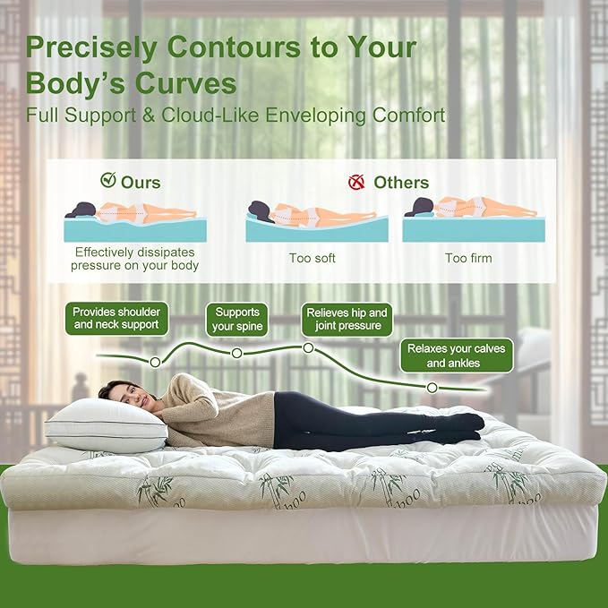 Whatsbedding Memory Foam Mattress Topper, Fluffy 5 Inches Thick Slow Rebound Memory Foam Topper with Cooling Viscose Made from Bamboo Cover, 2300 GSM Pillow Top Mattress Topper with Deep Pocket