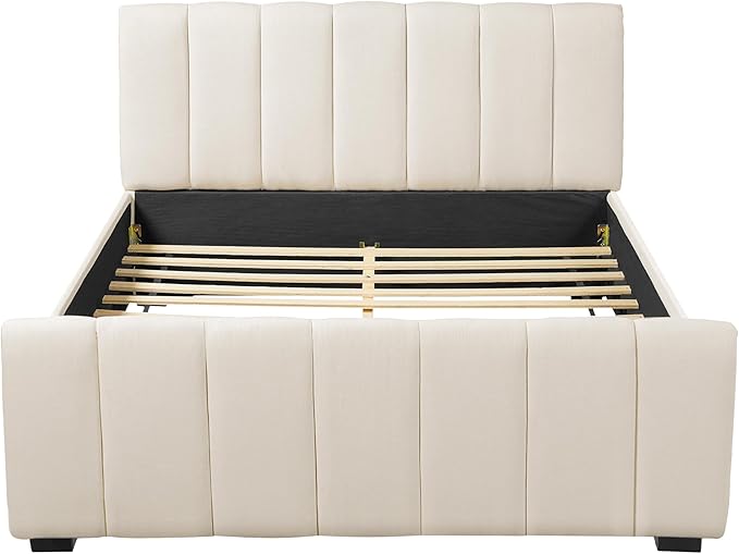 Merax Queen Size Upholstered Platform Bed with Thick Headboard and Footboard, Block Style Linen Fabric Bed Frame with Solid Wood Legs, Beige