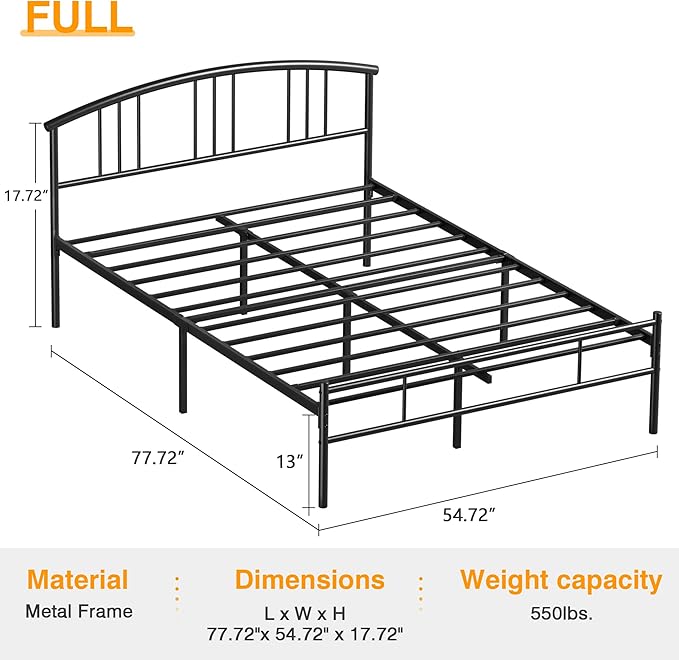 VECELO Full Bed Frame with Headboard and Footboard, 14 Inch Metal Platform Mattress Foundation, Sturdy Premium Steel Slat/No Box Spring Needed