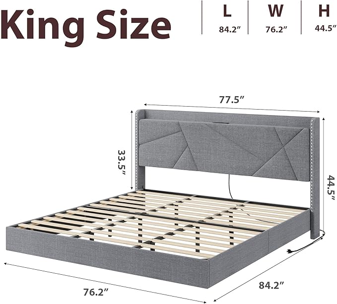 Garvee King Size Floating Bed Frame with RGB LED Lights and Charging Station, Upholstered Platform Bed with Storage Headboard and Button Tufted Design, No Box Spring Needed, Grey