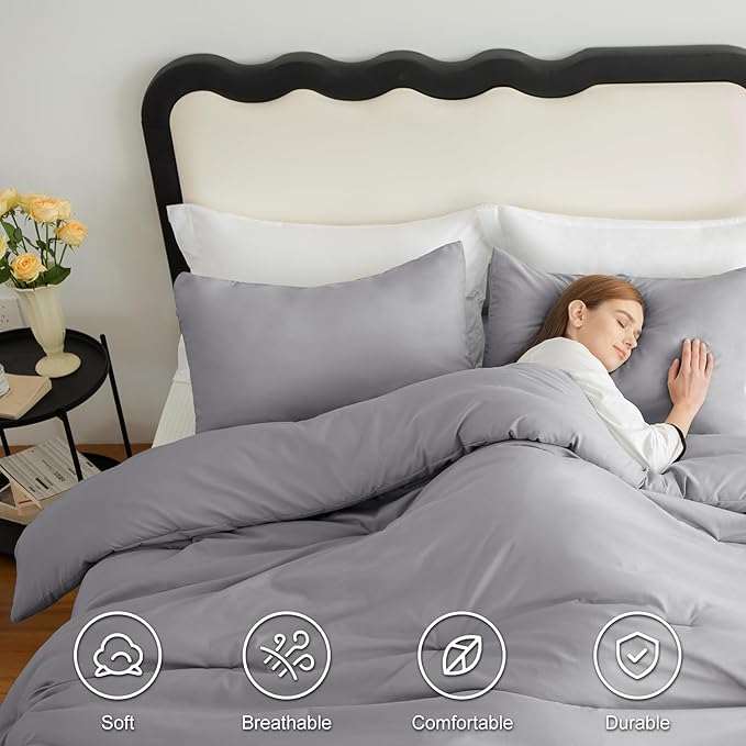 CozyLux Full Size Comforter Set Grey, 3 Pieces Solid Breathable Quilted Bedding Sets, Gray Luxury Lightweight Soft Bed Set with Down Alternative Comforter and 2 Pillowcases for All Seasons