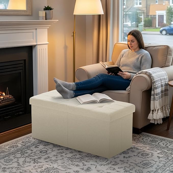 30-INCH Storage Ottoman Bench, Footrest with Storage, End of Bed Bench Coffee Table for Living Room, Bedroom, Entryway, Beige