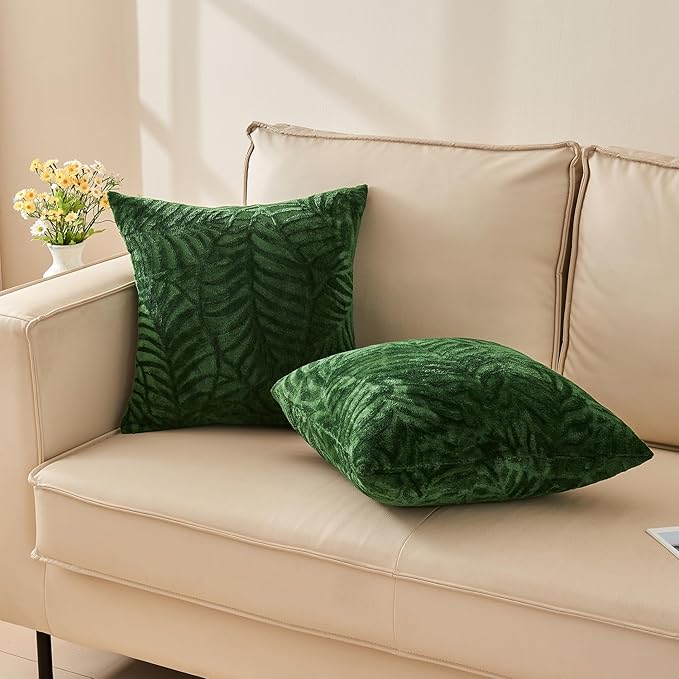 SOCHOW Decorative Throw Pillow Covers 20x20 Inches Set of 2, Soft Leaves Textured Flannel Fleece Pillowcase Square Cushion Covers for Sofa Couch Bed, Olive Green