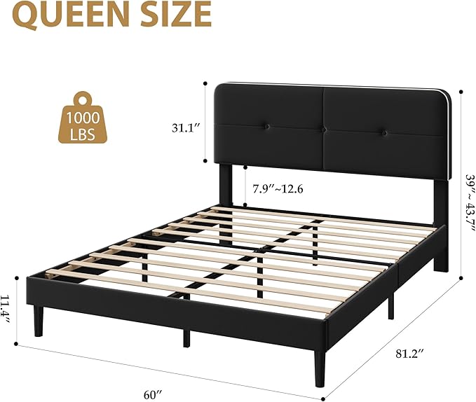 Garvee Queen Bed Frame, Velvet Upholstered Platform Bed Frames with Adjustable Headboard, No Box Spring Needed, Anti-Noise EVA Sponge, Sturdy Metal Support, Easy Assembly, Black & White Trim