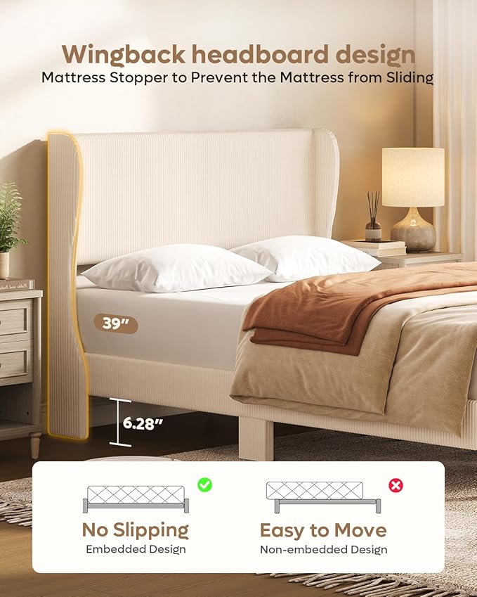 Bestier Full Bed Frame with Wingback Headboard,Upholstered Platform Full Size Bed with Strong Wooden Slats,No Box Spring Needed,Never Squeaks,Easy Assembly,Beige