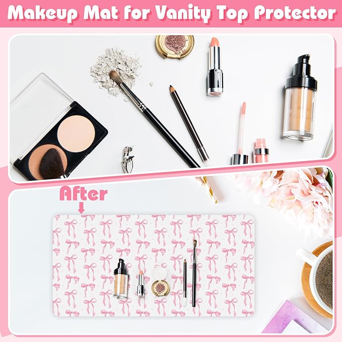 Teenyyou Coquette Bow Makeup Mat for Vanity Top Protector Graduation Gift Dual Side Leather Desk Mouse Pad Girly Waterproof Nonstick Dressing Accessories for Women Home Office(Pink,15.7"x31.5")