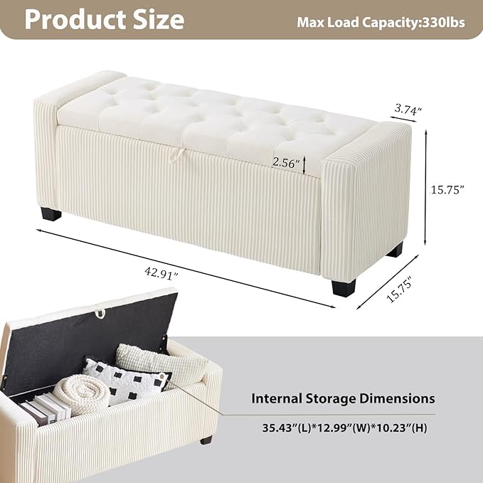 Storage Ottoman Bench, Bench for Bedroom End of Bed, Ottoman with Storage for Living Room and Entryway (Velvet White)