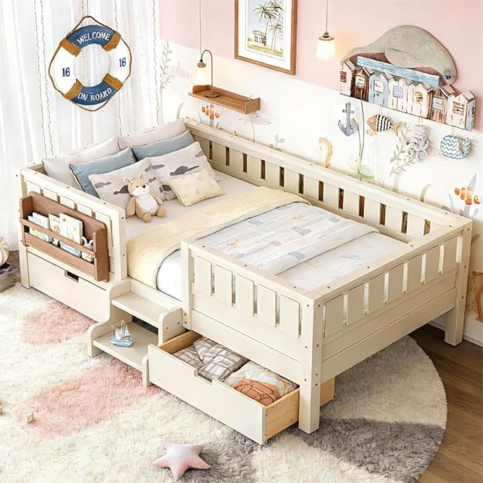 Bellemave Full Size Bed Frame with Storage Drawers & Bookshelf, Low Profile Kids Bed with Staircase & Full Length Guardrails, Solid Wood Full Size Bed Frame Kids with Slats Load 450 LBS, Beige