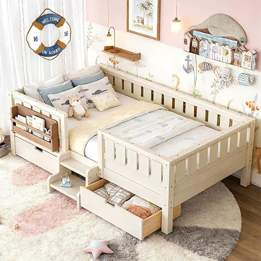 Bellemave Full Size Bed Frame with Storage Drawers & Bookshelf, Low Profile Kids Bed with Staircase & Full Length Guardrails, Solid Wood Full Size Bed Frame Kids with Slats Load 450 LBS, Beige