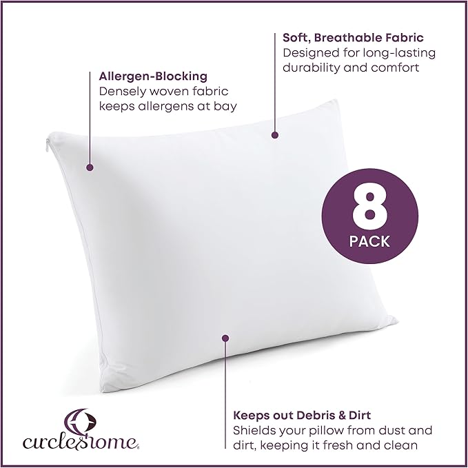 CirclesHome Pillow Protectors 8 Pack King Zippered - 100% Cotton Breathable Pillowcases - Protects Pillows from Dirt, Dust and Debris (King - Set of 8 - 20x36)
