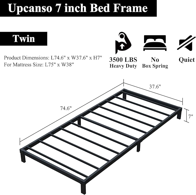 Upcanso 7 Inch Twin Bed Frames No Box Spring Need, Low Profile Metal Platform Twin Size Bed Frame, Heavy Duty Support Bedframes Twin, Easy Assembly