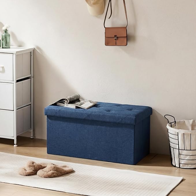 DUMOS 30in Storage Ottoman Bench, Ottoman Bench Foot Rest Stool with Padded Seat, Large End of Bed Bench for Bedroom, Living Room, Entryway, Support 660lbs, Blue