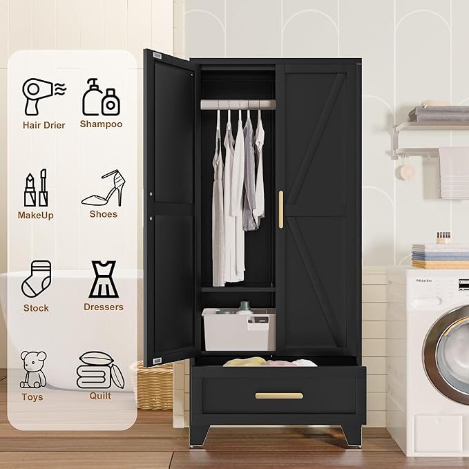 Baborokic Metal Wardrobe Cabinet,71 Armoire Wardrobe Closet with Drawers and Hanging Rod,Metal Armoire with Adjustable Shelves for Closet,Bedroom,Farmhouse Storage Cabinet with Drawer(Black)