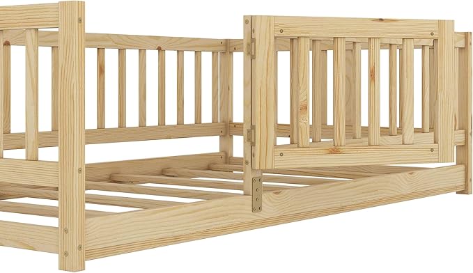 Bellemave Twin Size Montessori Floor Bed with 21.5" High Rails and Slats, Pine,Plywood Floor Bed with Small Door, Natural