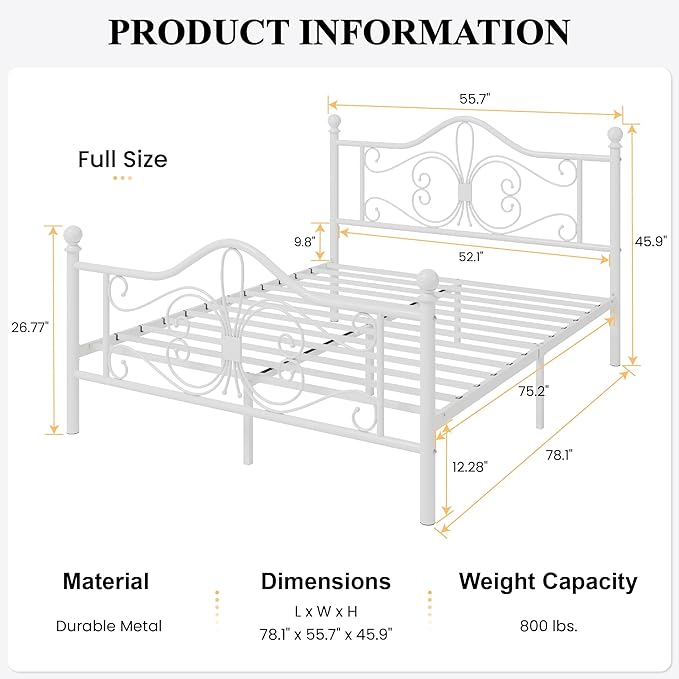 SHA CERLIN Full Size Bed Frame with Headboard,Metal Bed Frame with Butterfly Pattern Design Headboard & Footboard,No Box Spring Needed,Easy Assembly,White