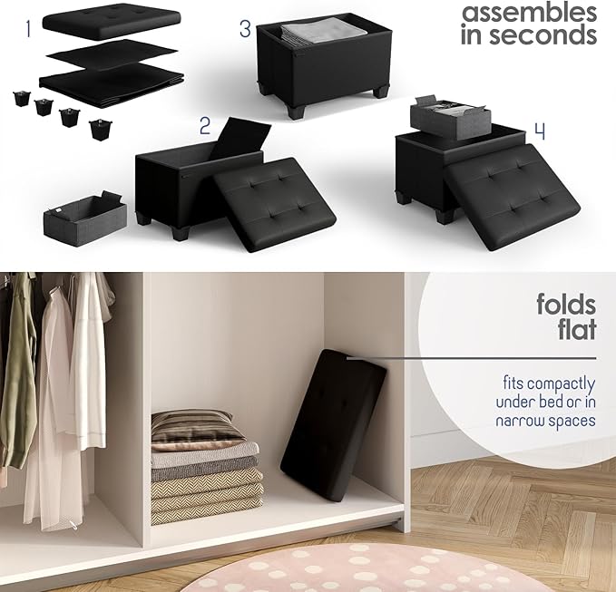 Storage Ottoman Cube with Small Bin, 16-in Square Ottoman with Storage for Living Room and Bedroom, Small Ottomans Foot Rest, Leather Foot Stools Ottomans Max 330lbs, Black