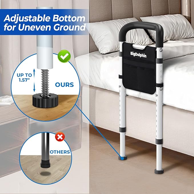Bed Rails for Elderly Adults Safety - ASTM Approved Adjustable Bed Cane Supports 350LBS with Non-Slip Grip & Storage Pocket, Stable Bed Assist Rails for Seniors, Tool-Free