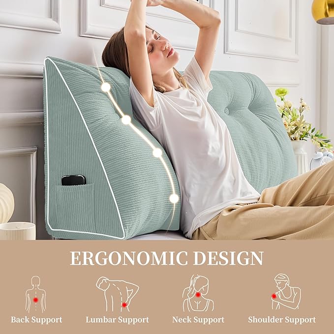 Sasttie Headboard Pillow Queen, Triangular Wedge Pillow Headboard, Wedge Headboard Pillow for Bed Sofa, Daybed Pillows for Sitting up, Reading or Working with Removable Cover, Mint Green