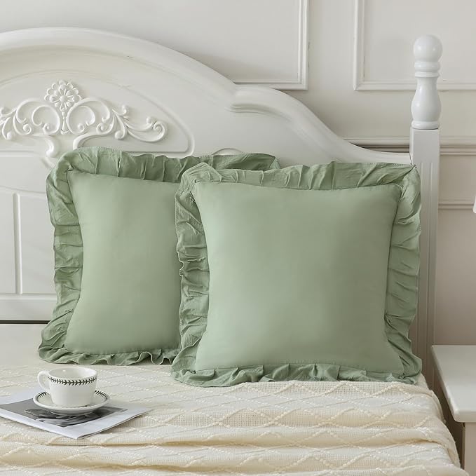 Merryword Green Pillowcases 18x18 Sage Green Throw Pillow Covers Pack of 2 Ruffle Pillowcase Cushion for Couch Sofa Bedroom
