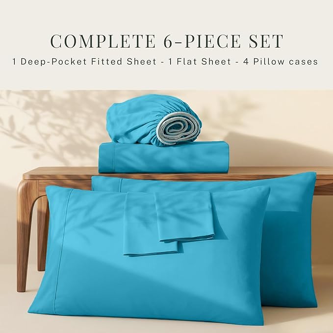 Hearth & Harbor Extra Deep Pocket Sheets - Fits Mattress 18-24 Inches Deep - Extra Deep Pocket Full Size Sets - 6 Piece Full Size - Full - Beach Blue