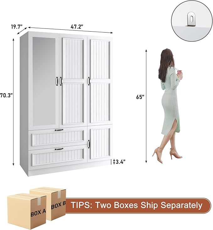 Squireewo Vertical Grooved Style 3 Doors Wardrobe Closet Armoire with Mirrors and LED Lights, 70.3" H Modern Wooden Bedroom Armoires with 2 Drawers, Large Capacity Freestanding Armoire, White